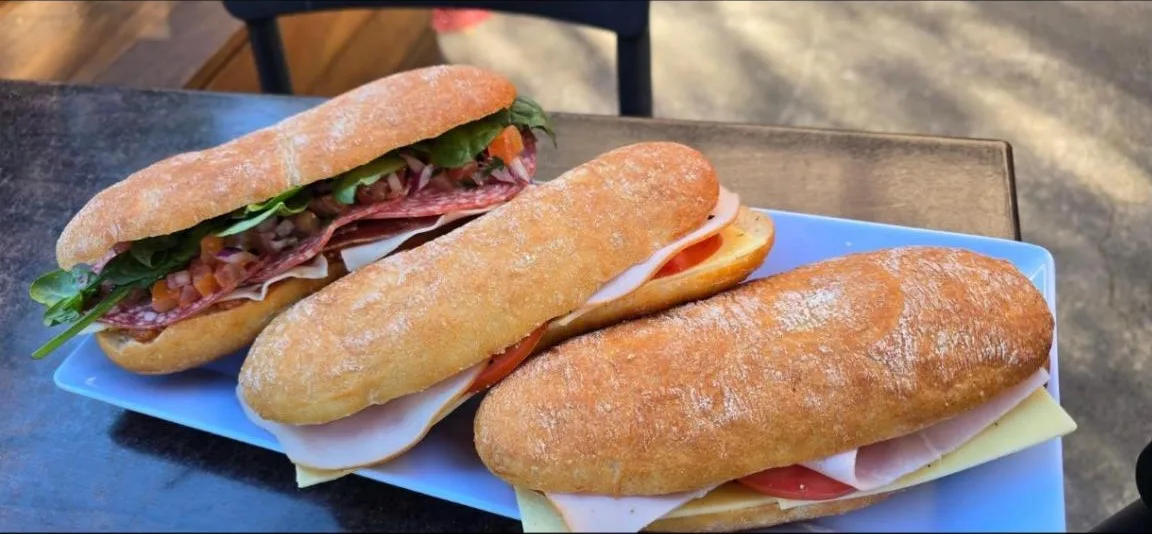 Three toasted paninis on a blue plate